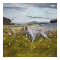 English setter with pheasants, art