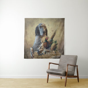 English setter with pheasants, art tapestry