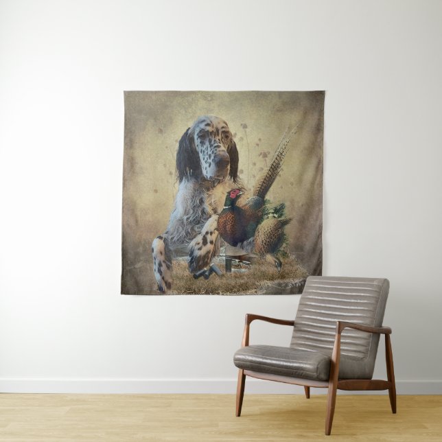 English setter with pheasants, art tapestry (In Situ)