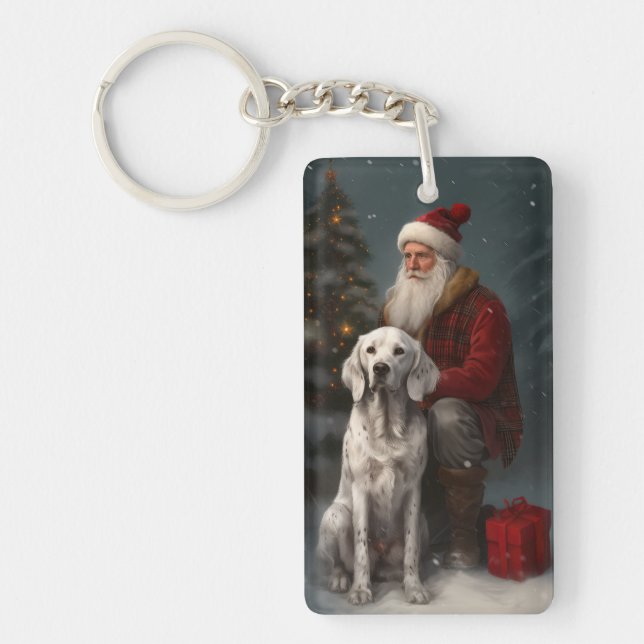 English Setter With Santa Claus Festive Christmas Key Ring (Front)