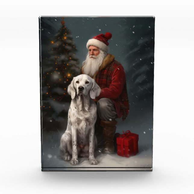 English Setter With Santa Claus Festive Christmas Photo Block (Front)