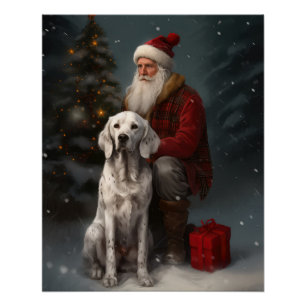 English Setter With Santa Claus Festive Christmas Poster