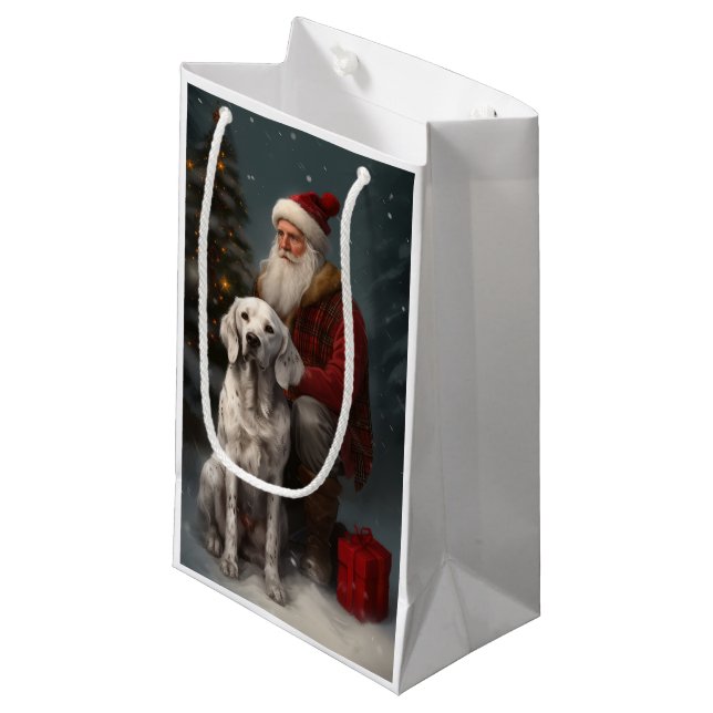 English Setter With Santa Claus Festive Christmas Small Gift Bag (Front Angled)