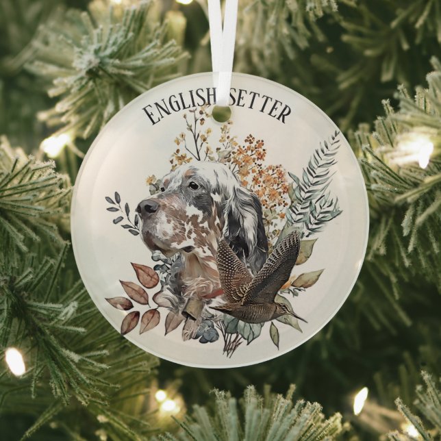 English setter , Woodcock Hunting , Art  Glass Tree Decoration (Insitu)