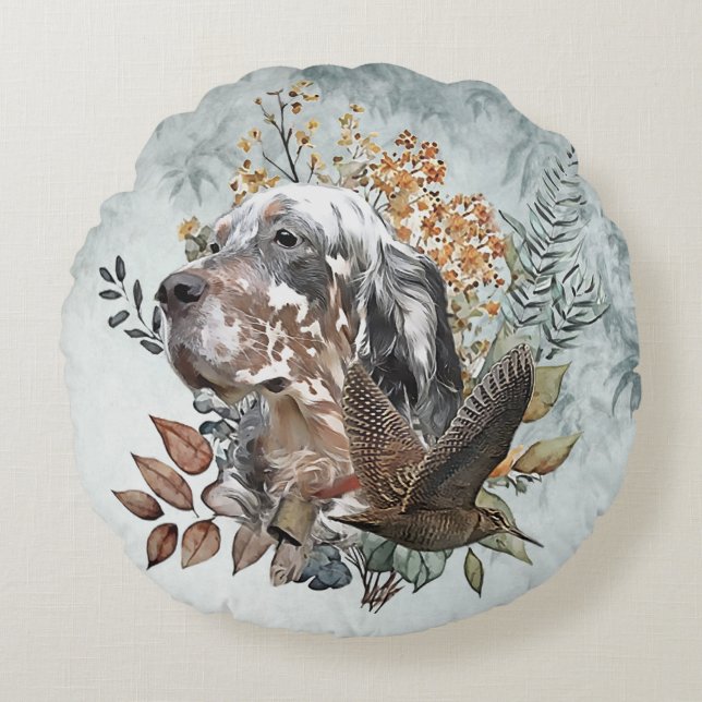 English setter , Woodcock Hunting , Art  Round Cushion (Front)