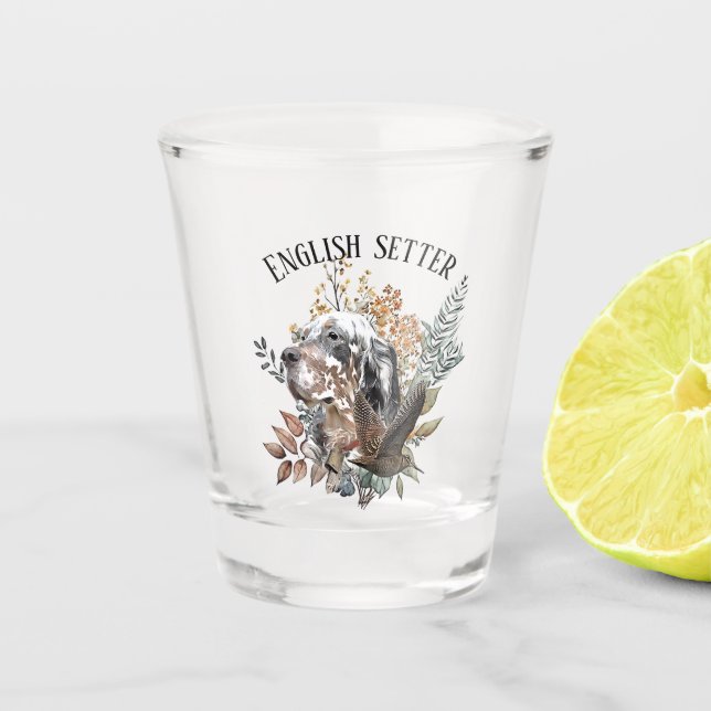 English setter , Woodcock Hunting , Art  Shot Glass (Front)