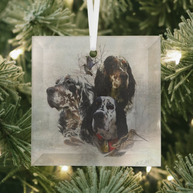 English Setter , woodcock hunting  Glass Tree Decoration (Insitu)