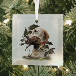 English Setter , woodcock hunting  Glass Tree Decoration