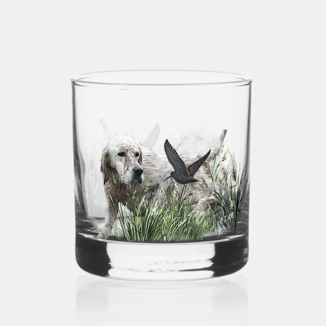 English Setter , Woodcock hunting Whiskey Glass (Front)