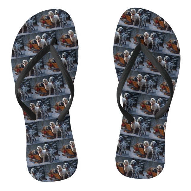 English Setter's Snowy Sleigh Christmas Decor  Flip Flops (Footbed)