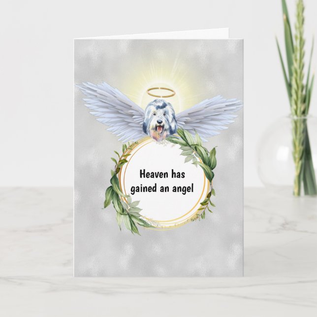 English sheepdog angel wings halo wreath heaven card (Front)
