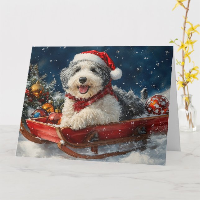English Sheepdog in Sledge Let it Snow Christmas Card (Yellow Flower)