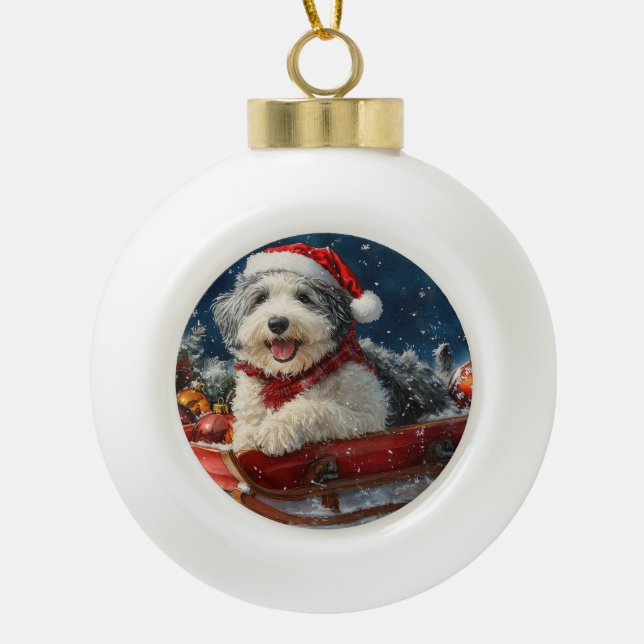 English Sheepdog in Sledge Let it Snow Christmas Ceramic Ball Christmas Ornament (Front)