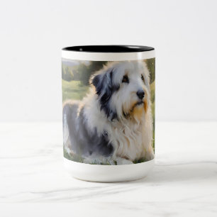 ENGLISH SHEEPDOG LYING IN FIELD Two-Tone COFFEE MUG