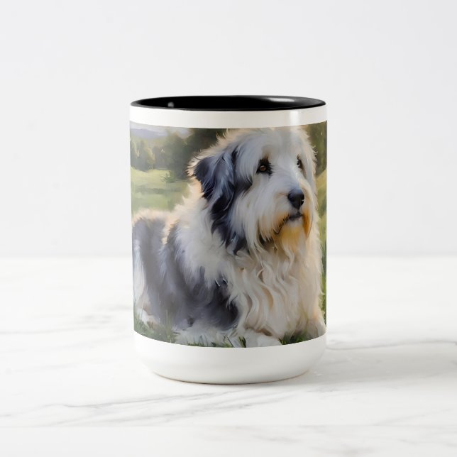 ENGLISH SHEEPDOG LYING IN FIELD Two-Tone COFFEE MUG (Center)