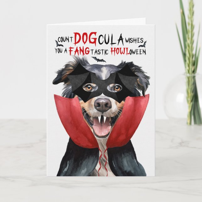 English Shepherd Funny Count DOGcula Halloween Holiday Card (Front)