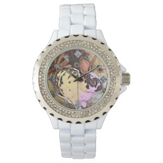 English Spot Bunny with Vintage Lace Flowers Watch