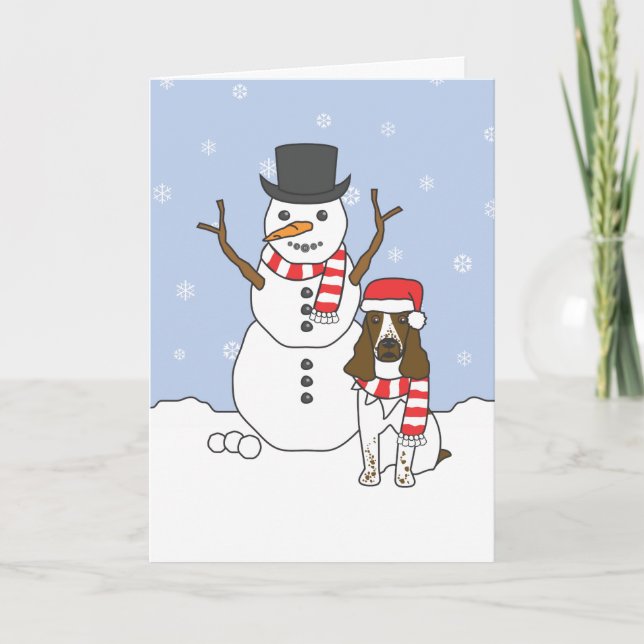 English Springer Spaniel and Snowman Holiday Card (Front)
