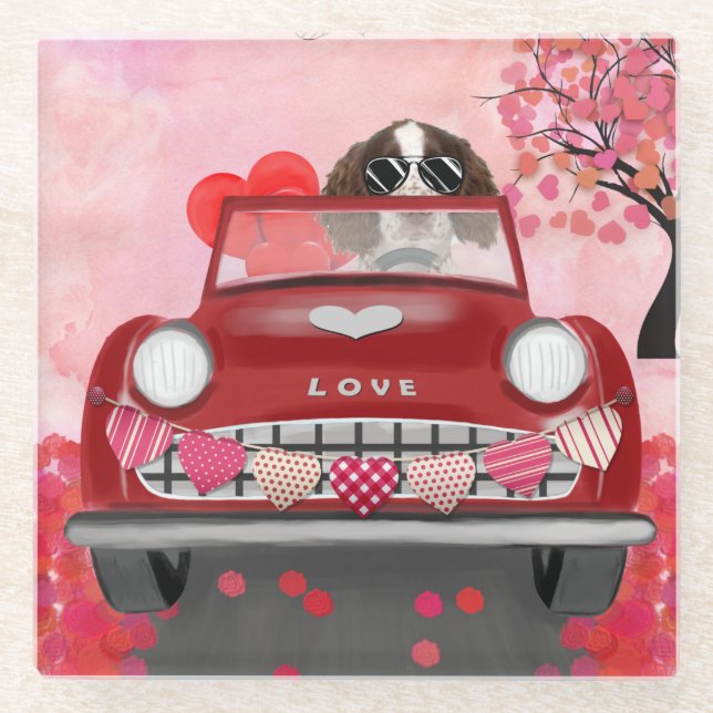 English Springer Spaniel Car Hearts Valentine's  Glass Coaster (Front)