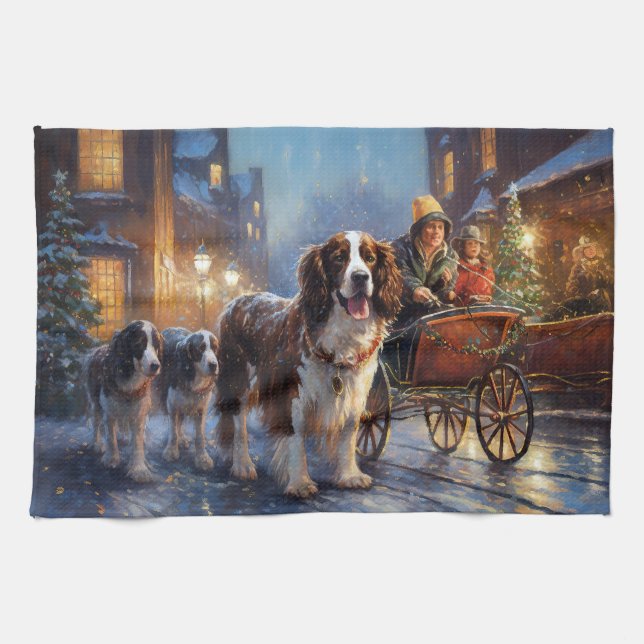 English Springer Spaniel Christmas Festive Season Tea Towel (Horizontal)