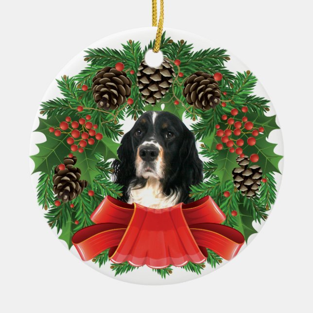 English Springer Spaniel Christmas Holiday Wreath Ceramic Tree Decoration (Front)