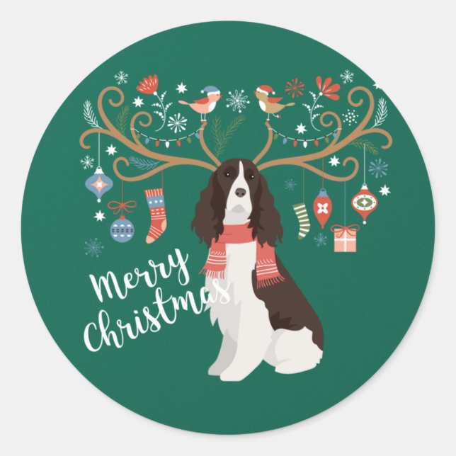 English Springer Spaniel Christmas Reindeer Dog Classic Round Sticker (Front)