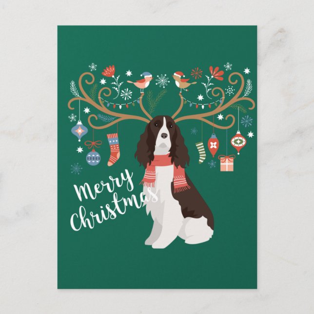 English Springer Spaniel Christmas Reindeer Dog Postcard (Front)