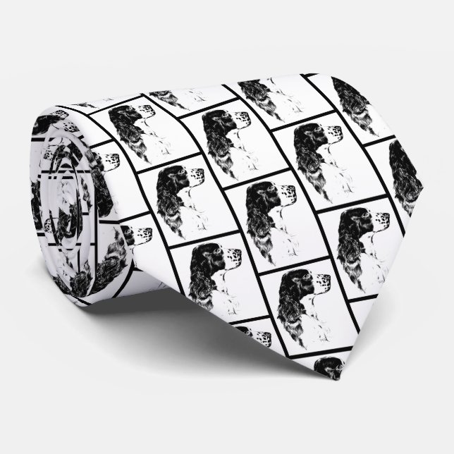 English Springer Spaniel Dog Black White Art  Tie (Rolled)