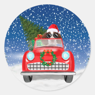English Springer Spaniel Dog Car In Snow Christmas Classic Round Sticker