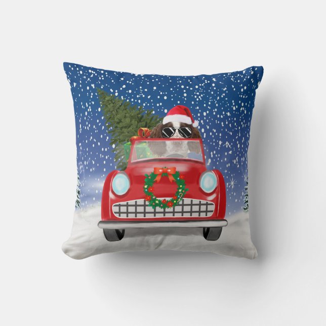 English Springer Spaniel Dog Car In Snow Christmas Cushion (Front)