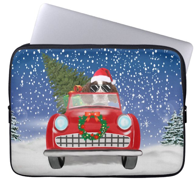 English Springer Spaniel Dog Car In Snow Christmas Laptop Sleeve (Front)