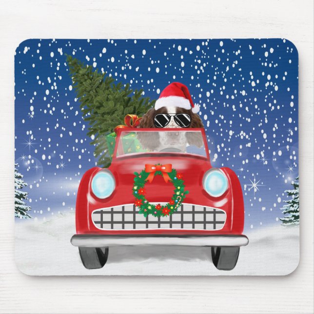 English Springer Spaniel Dog Car In Snow Christmas Mouse Mat (Front)