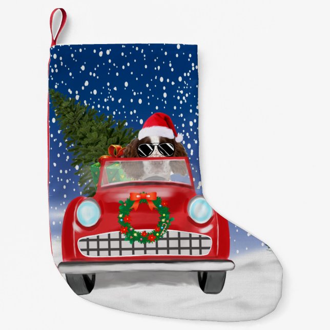 English Springer Spaniel Dog Car In Snow Christmas Small Christmas Stocking (Front)