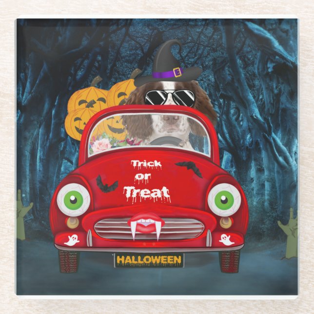 English Springer Spaniel dog Car Scary Halloween  Glass Coaster (Front)