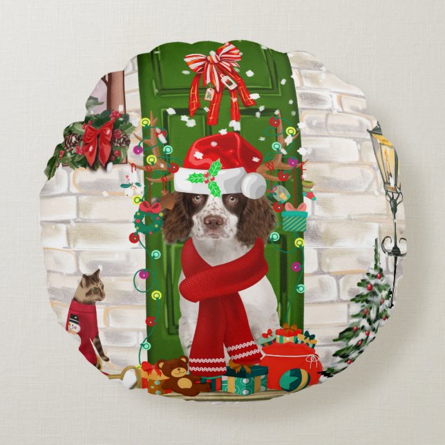 English Springer Spaniel Dog Christmas  Round Cushion (Front)