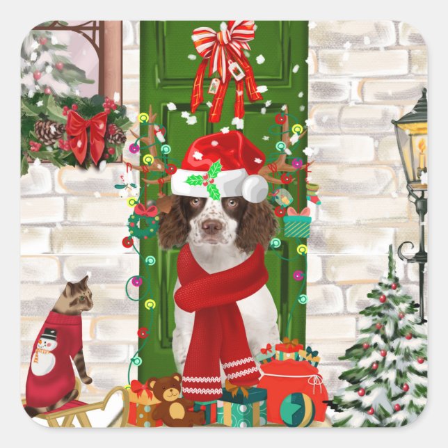 English Springer Spaniel Dog Christmas Square Sticker (Front)