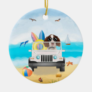 English Springer Spaniel Dog Driving on Beach Ceramic Tree Decoration