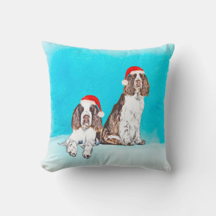 English Springer Spaniel Dog In Snow Christmas Hat Cushion
