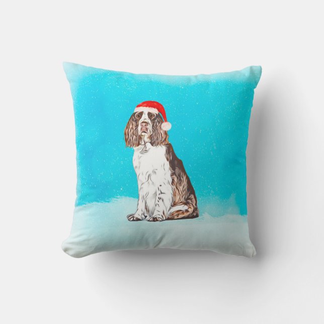 English Springer Spaniel Dog in Snow Santa Hat Cushion (Front)