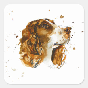 English Springer Spaniel Dog Puppy Watercolor Square Sticker