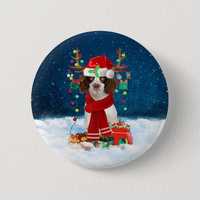 English Springer Spaniel dog with Christmas gifts  6 Cm Round Badge (Front)