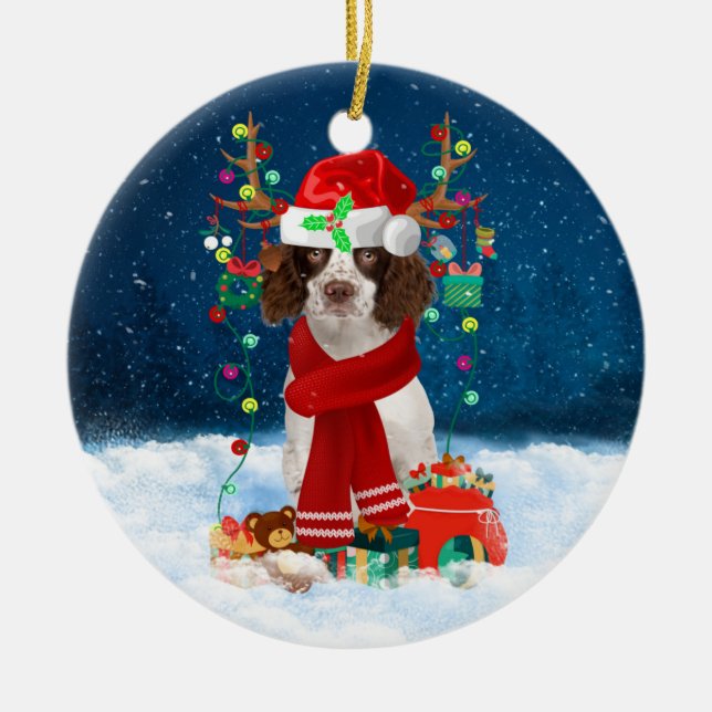 English Springer Spaniel dog with Christmas gifts  Ceramic Tree Decoration (Front)