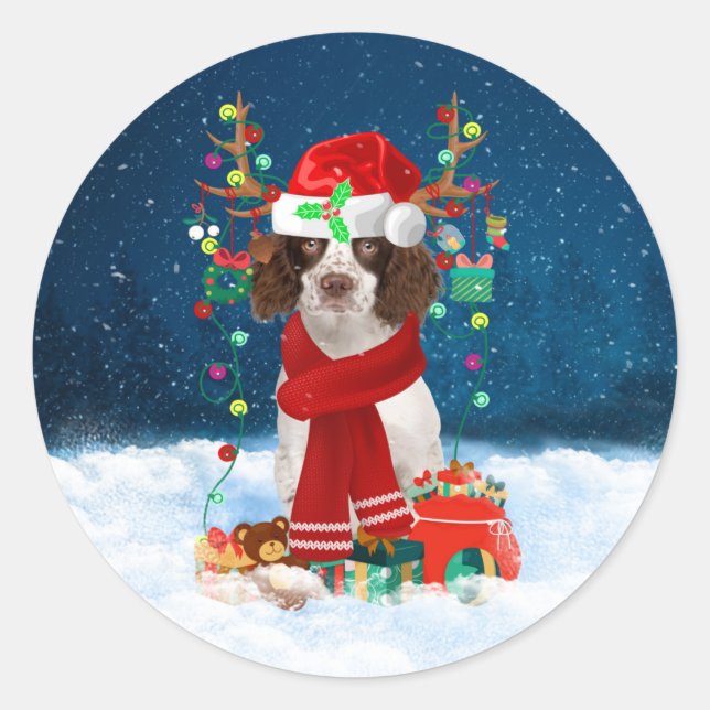 English Springer Spaniel dog with Christmas gifts  Classic Round Sticker (Front)