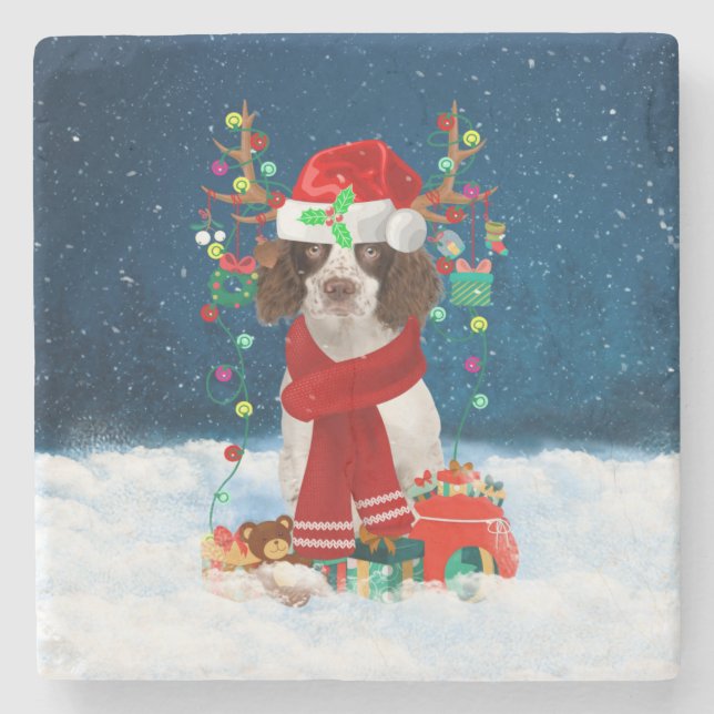 English Springer Spaniel dog with Christmas gifts  Stone Coaster (Front)
