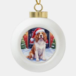 English Springer Spaniel Fire Station Santa Ceramic Ball Christmas Ornament
