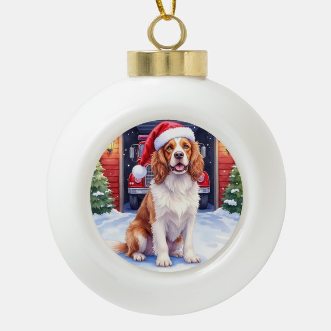 English Springer Spaniel Fire Station Santa Ceramic Ball Christmas Ornament (Front)