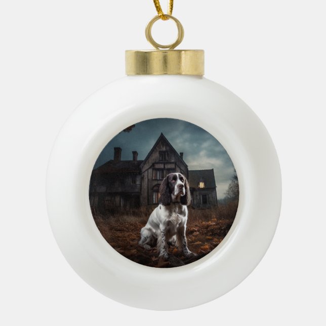 English Springer Spaniel Halloween Scary Ceramic Ball Christmas Ornament (Front)