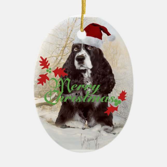 English Springer Spaniel Merry Christmas Ceramic Tree Decoration (Front)