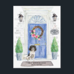 English Springer Spaniel Moving Announcement   Postcard<br><div class="desc">Announce your new address with our stylish announcement featuring an English Springer Spaniel,  blue front door,  welcome mat,  slate sign,  topiaries and a floral wreath set on a grey brick background.</div>