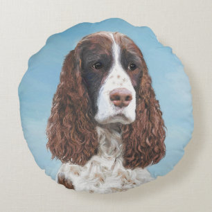 English Springer Spaniel Painting Original Dog Art Round Cushion